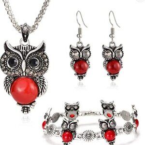 OWL RHINESTONE  NECKLACE EARRINGS & BRACELET